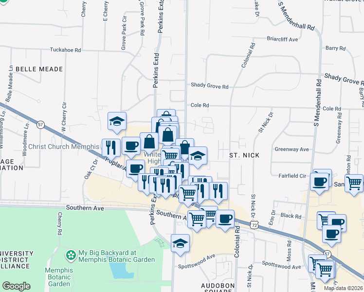 map of restaurants, bars, coffee shops, grocery stores, and more near 427 South Perkins Road in Memphis