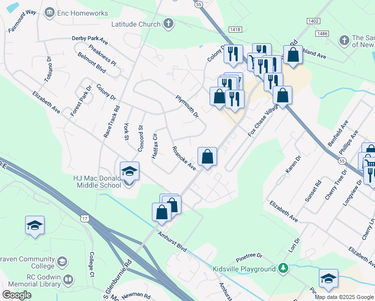 map of restaurants, bars, coffee shops, grocery stores, and more near 2905 Dare Court in New Bern