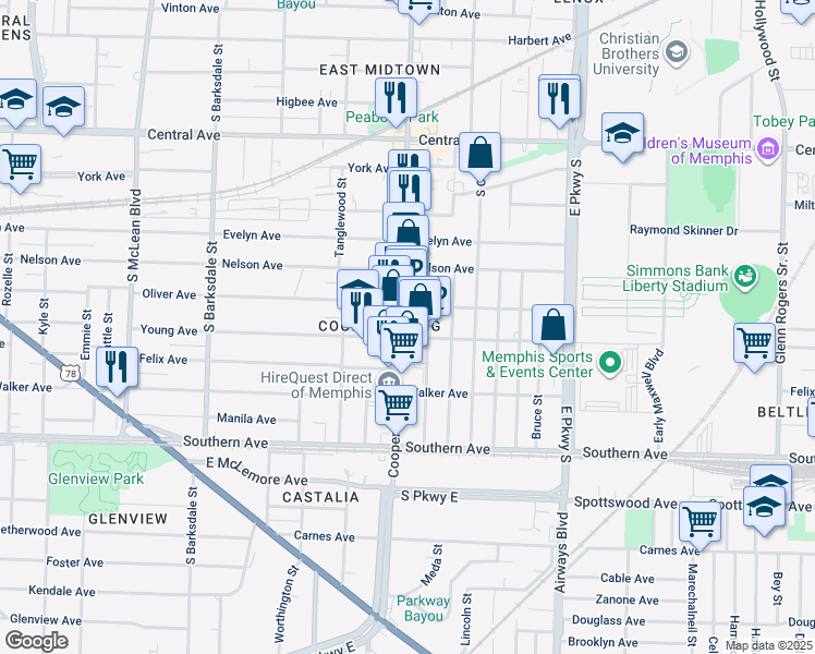 map of restaurants, bars, coffee shops, grocery stores, and more near 960 Cooper Street in Memphis