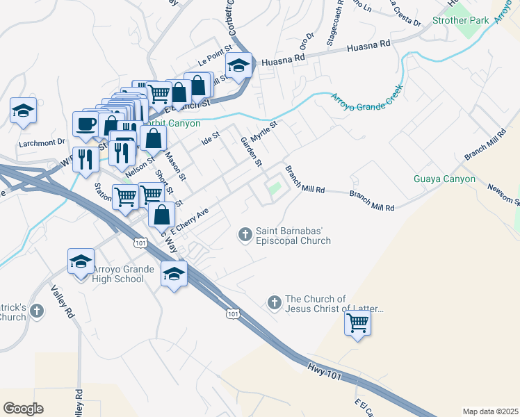 map of restaurants, bars, coffee shops, grocery stores, and more near 504 Launa Lane in Arroyo Grande