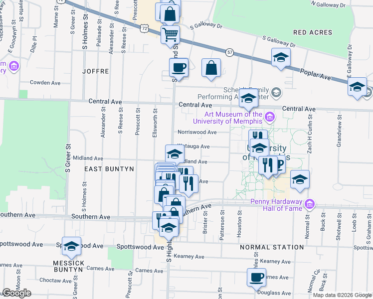 map of restaurants, bars, coffee shops, grocery stores, and more near 3532 Midland Avenue in Memphis