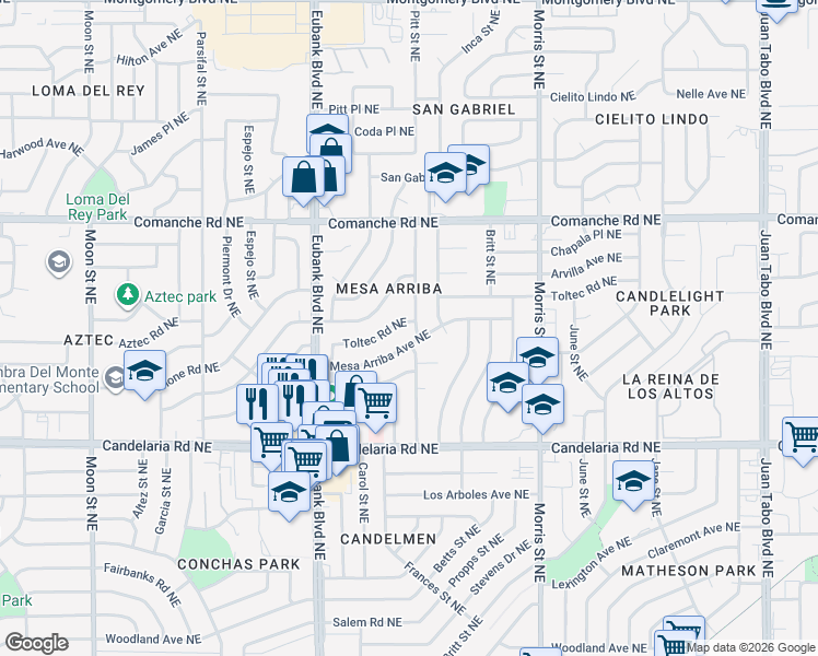 map of restaurants, bars, coffee shops, grocery stores, and more near 9913 Mesa Arriba Avenue Northeast in Albuquerque