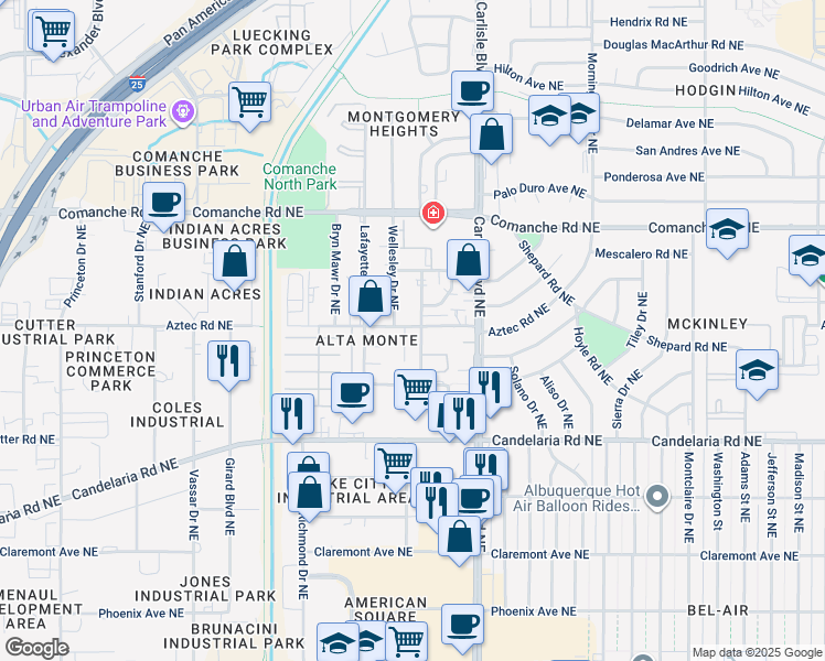 map of restaurants, bars, coffee shops, grocery stores, and more near 3300 Wellesley Court Northeast in Albuquerque