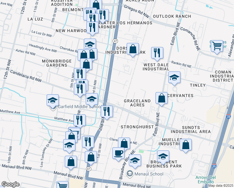 map of restaurants, bars, coffee shops, grocery stores, and more near in Albuquerque