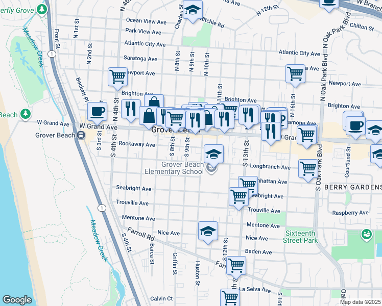 map of restaurants, bars, coffee shops, grocery stores, and more near in Grover Beach