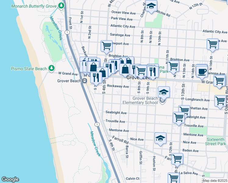 map of restaurants, bars, coffee shops, grocery stores, and more near 310 South 5th Street in Grover Beach