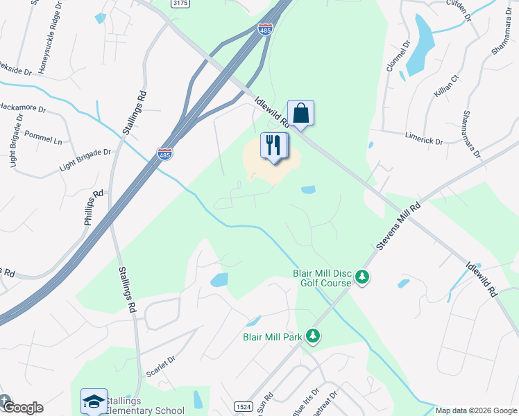 map of restaurants, bars, coffee shops, grocery stores, and more near 15120 Idlewild Road in Matthews