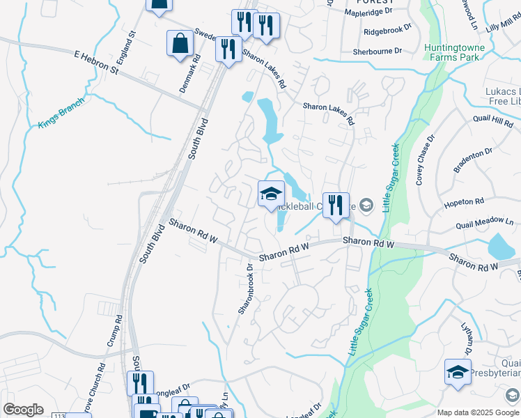 map of restaurants, bars, coffee shops, grocery stores, and more near 8605 Winter Oaks Lane in Charlotte