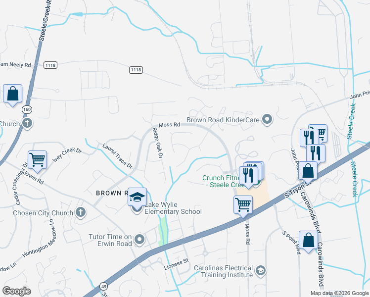 map of restaurants, bars, coffee shops, grocery stores, and more near 11325 Hunters Landing Drive in Charlotte
