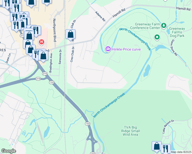 map of restaurants, bars, coffee shops, grocery stores, and more near 2413 Crescent Club Drive in Chattanooga