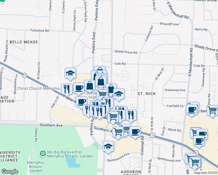 map of restaurants, bars, coffee shops, grocery stores, and more near 427 South Perkins Road in Memphis
