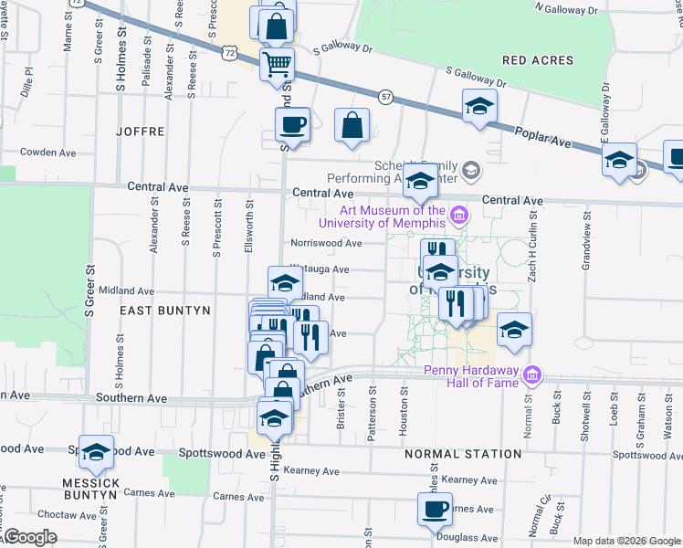 map of restaurants, bars, coffee shops, grocery stores, and more near 3586 Midland Avenue in Memphis