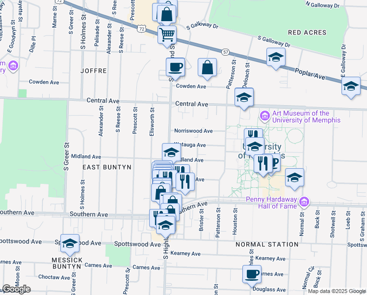 map of restaurants, bars, coffee shops, grocery stores, and more near 3532 Midland Avenue in Memphis