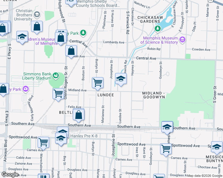 map of restaurants, bars, coffee shops, grocery stores, and more near 457 Josephine Street in Memphis