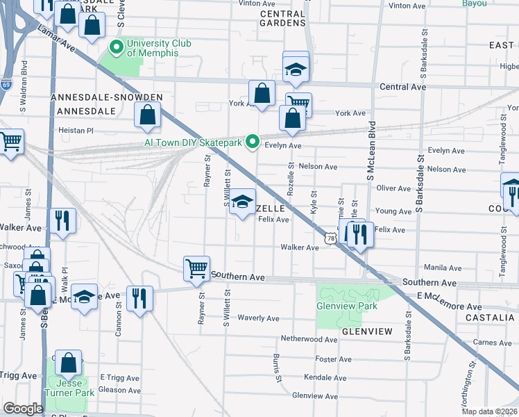 map of restaurants, bars, coffee shops, grocery stores, and more near 960 Roland Street in Memphis