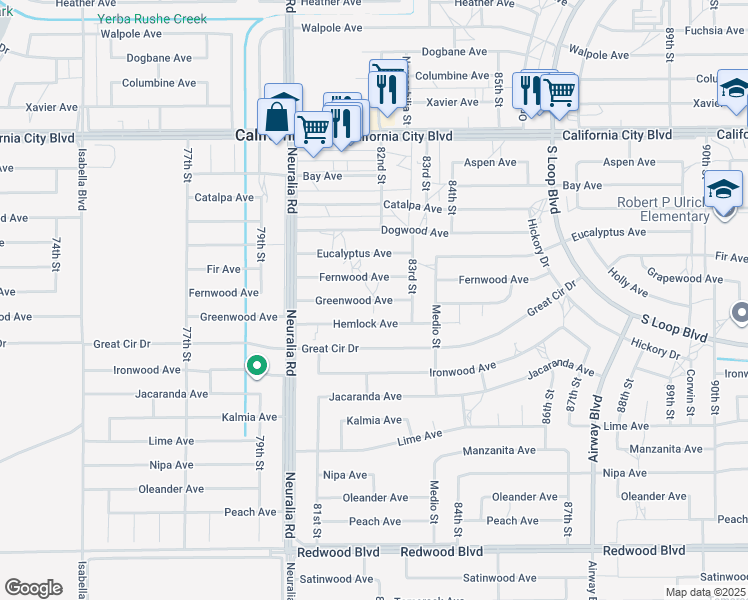 map of restaurants, bars, coffee shops, grocery stores, and more near Greenwood Avenue in California City
