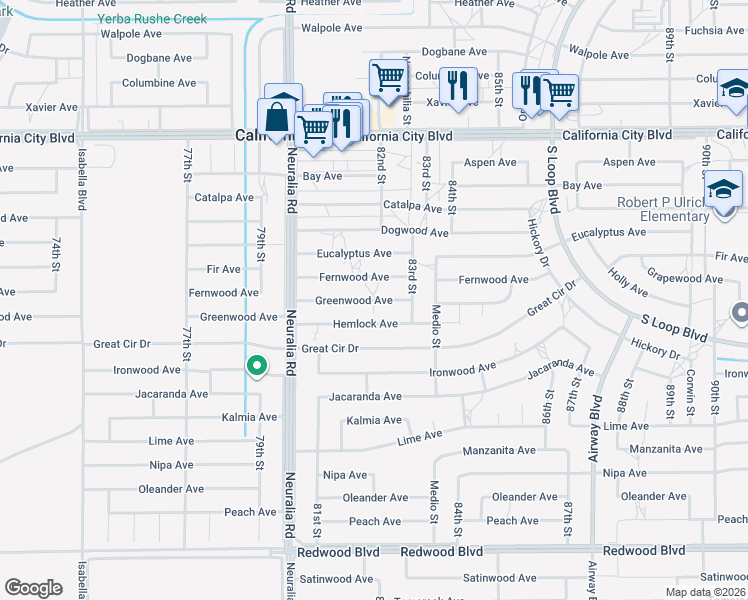 map of restaurants, bars, coffee shops, grocery stores, and more near Greenwood Avenue in California City