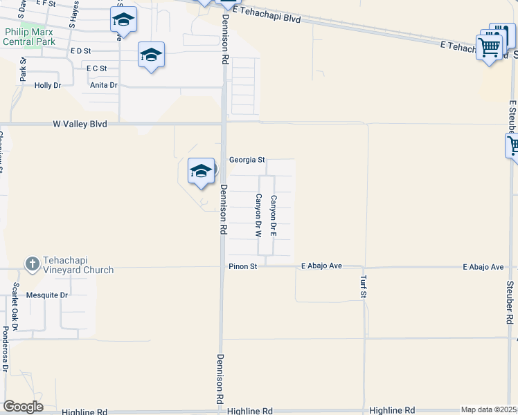 map of restaurants, bars, coffee shops, grocery stores, and more near Canyon Drive West in Tehachapi