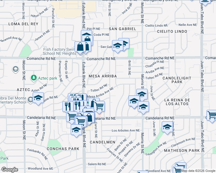 map of restaurants, bars, coffee shops, grocery stores, and more near 9913 Mesa Arriba Avenue Northeast in Albuquerque