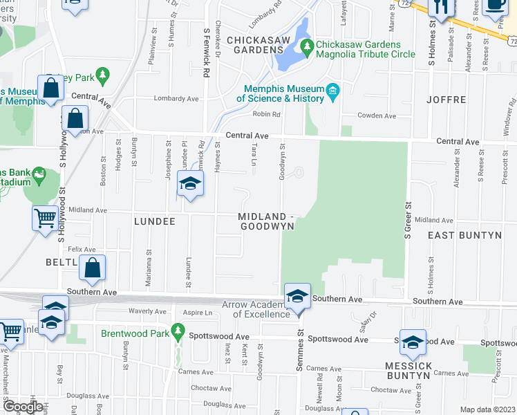 map of restaurants, bars, coffee shops, grocery stores, and more near 2950 Midland Avenue in Memphis