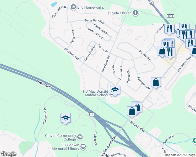map of restaurants, bars, coffee shops, grocery stores, and more near 1484-1498 RaceTrack Road in New Bern