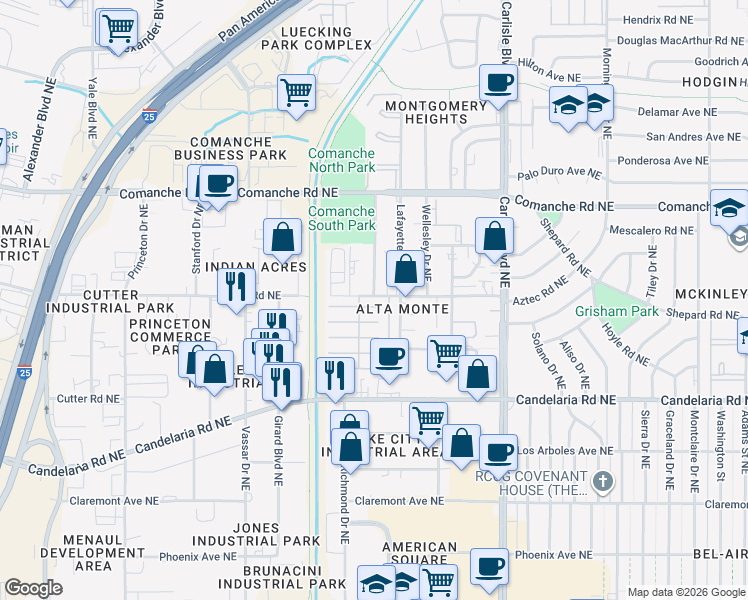 map of restaurants, bars, coffee shops, grocery stores, and more near 3100 Aztec Road Northeast in Albuquerque