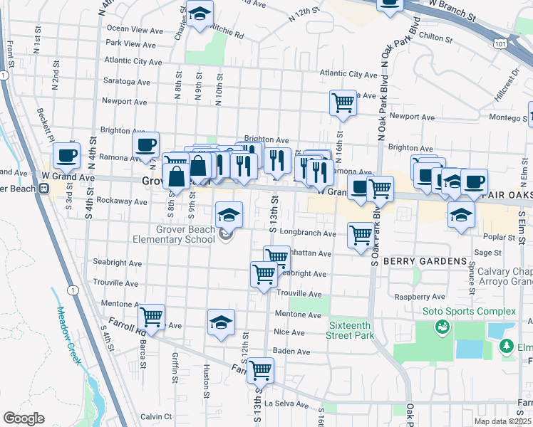map of restaurants, bars, coffee shops, grocery stores, and more near 1239 Longbranch Avenue in Grover Beach