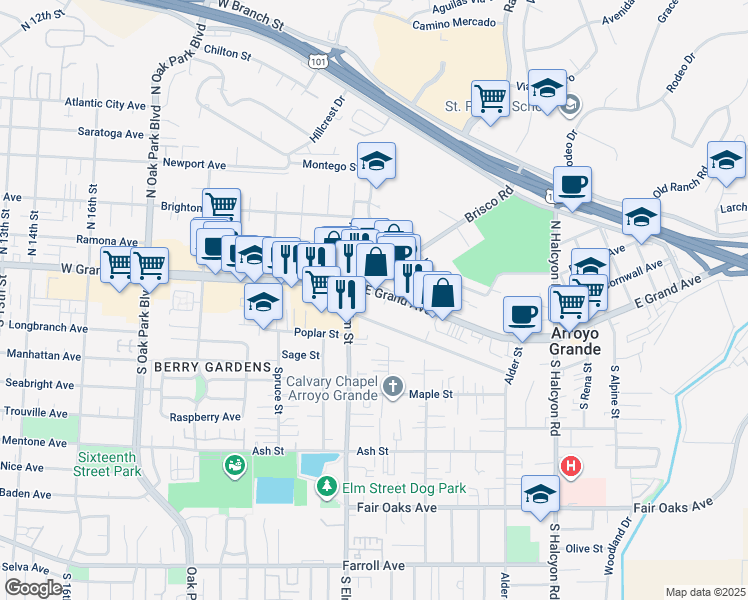 map of restaurants, bars, coffee shops, grocery stores, and more near 1167 East Grand Avenue in Arroyo Grande