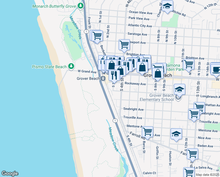 map of restaurants, bars, coffee shops, grocery stores, and more near 222 South 3rd Street in Grover Beach