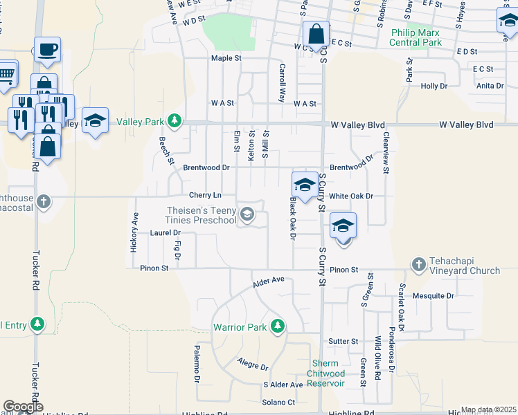 map of restaurants, bars, coffee shops, grocery stores, and more near 1134 Elm Street in Tehachapi