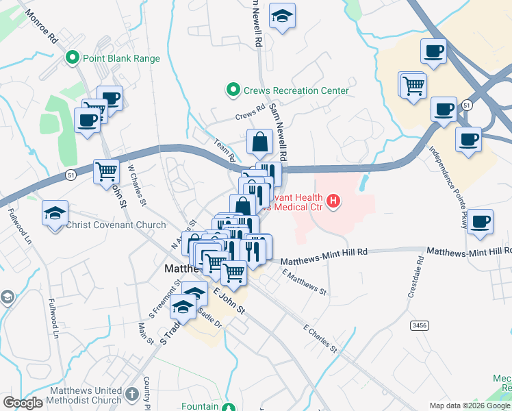 map of restaurants, bars, coffee shops, grocery stores, and more near in Matthews