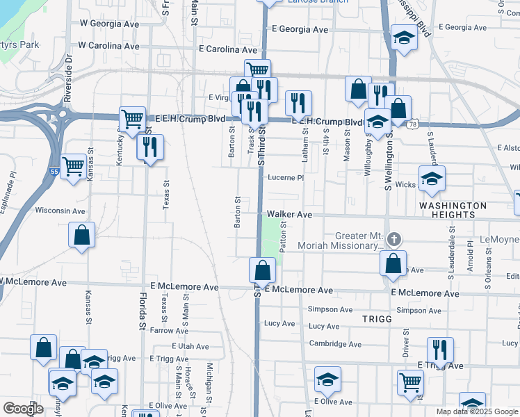 map of restaurants, bars, coffee shops, grocery stores, and more near 1002 South 3rd Street in Memphis