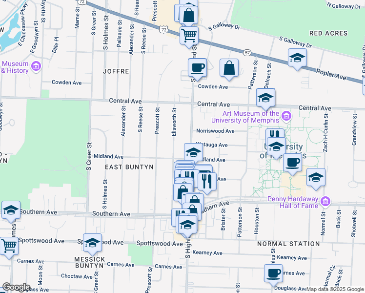 map of restaurants, bars, coffee shops, grocery stores, and more near 431 South Highland Street in Memphis