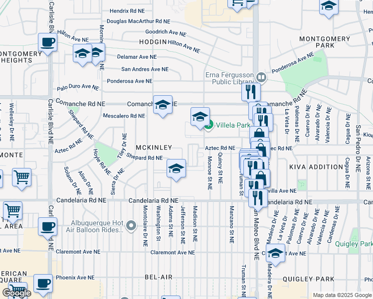 map of restaurants, bars, coffee shops, grocery stores, and more near 4515 Shepard Road Northeast in Albuquerque