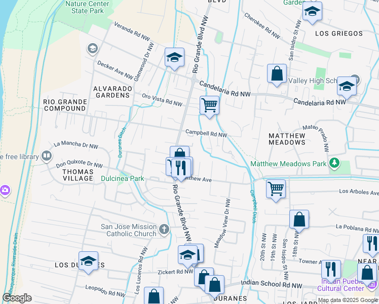 map of restaurants, bars, coffee shops, grocery stores, and more near 2301 Pinon Encantada in Albuquerque