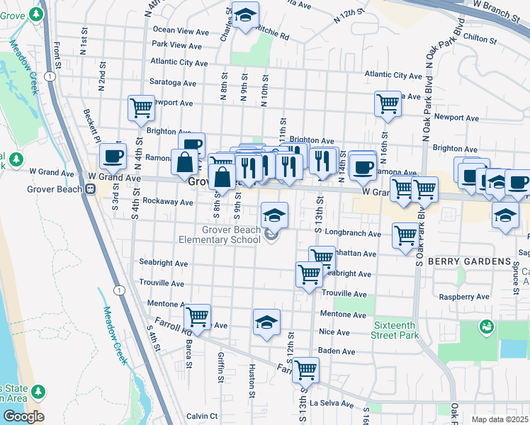 map of restaurants, bars, coffee shops, grocery stores, and more near 1095 Longbranch Avenue in Grover Beach