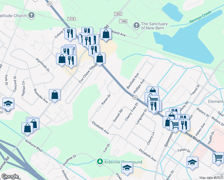 map of restaurants, bars, coffee shops, grocery stores, and more near 1101 Karen Drive in New Bern