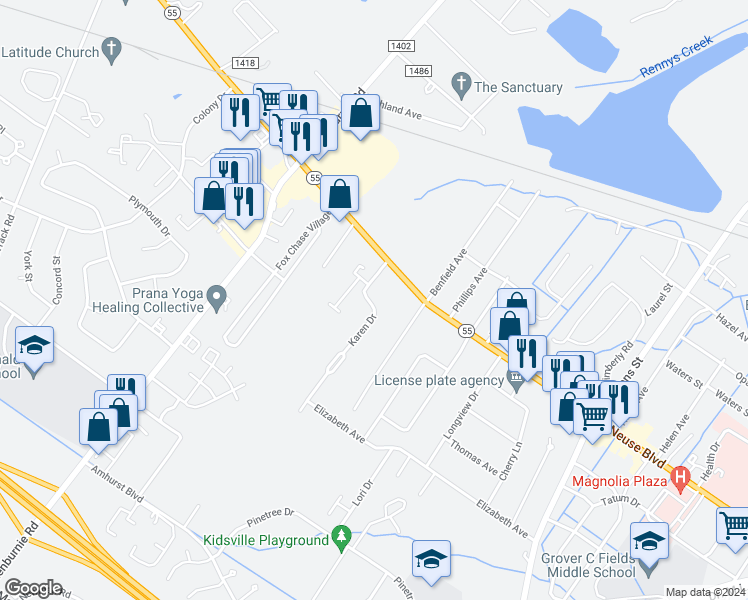 map of restaurants, bars, coffee shops, grocery stores, and more near 1101 Karen Drive in New Bern