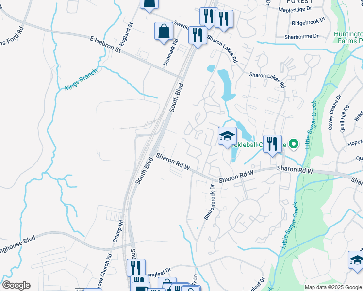 map of restaurants, bars, coffee shops, grocery stores, and more near 1355 Sharon Road West in Charlotte