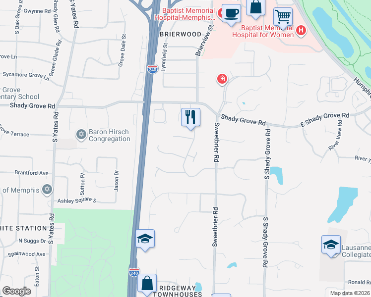 map of restaurants, bars, coffee shops, grocery stores, and more near 432 River Oaks Road in Memphis