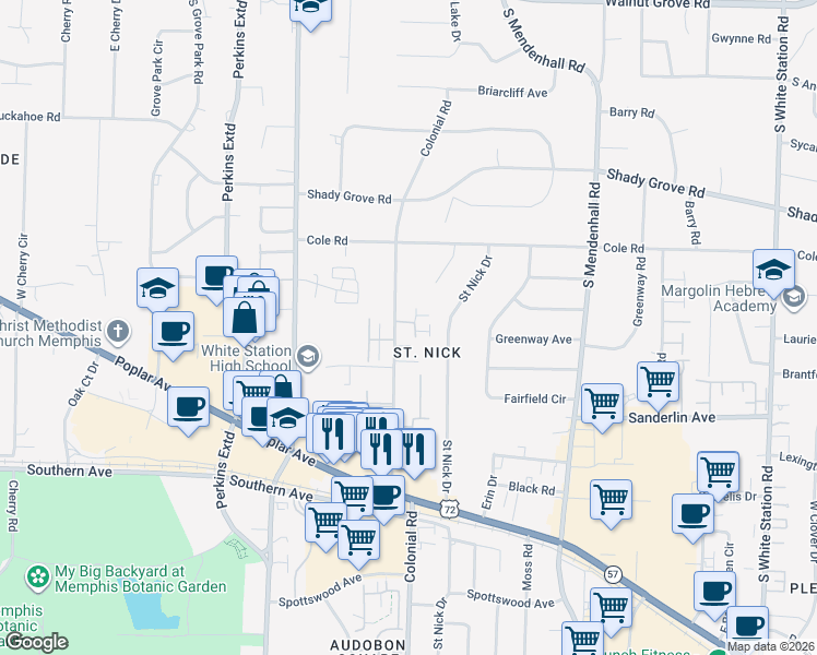 map of restaurants, bars, coffee shops, grocery stores, and more near 420 Colonial Road in Memphis