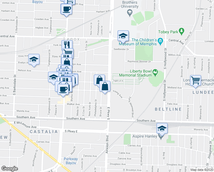 map of restaurants, bars, coffee shops, grocery stores, and more near in Memphis