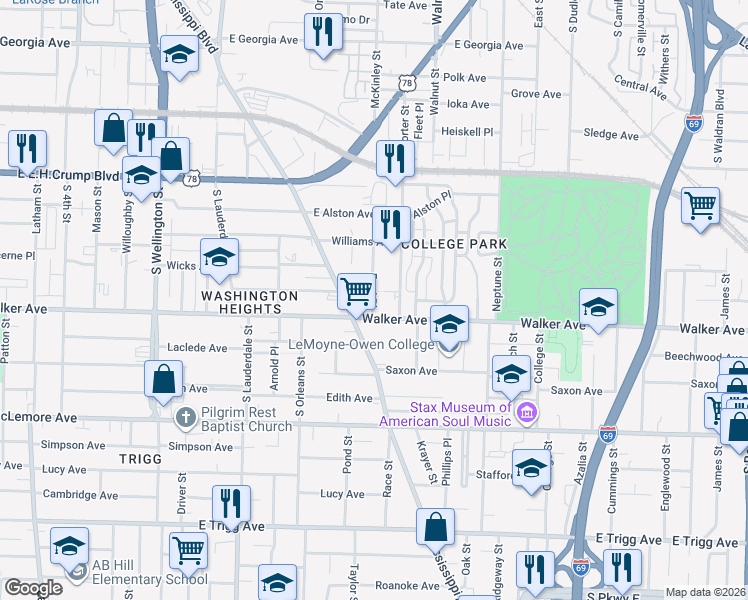 map of restaurants, bars, coffee shops, grocery stores, and more near 729 Walker Avenue in Memphis