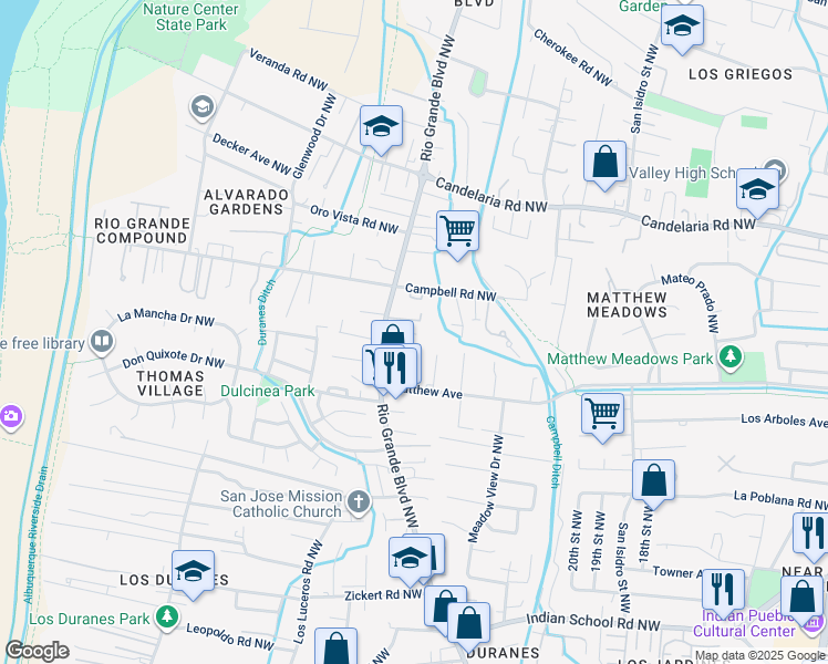 map of restaurants, bars, coffee shops, grocery stores, and more near 2301 Pinon Encantada in Albuquerque