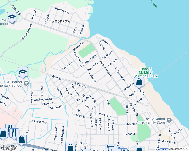 map of restaurants, bars, coffee shops, grocery stores, and more near 519 National Court Drive in New Bern