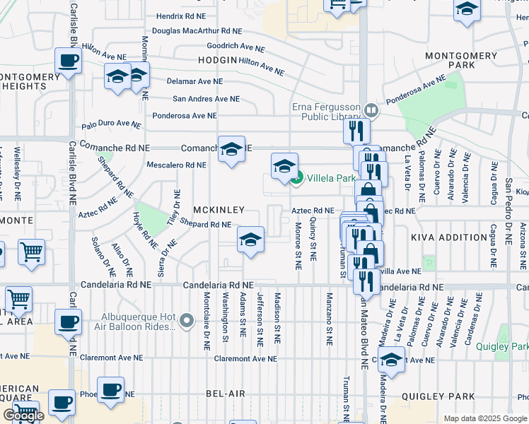 map of restaurants, bars, coffee shops, grocery stores, and more near 4515 Shepard Road Northeast in Albuquerque