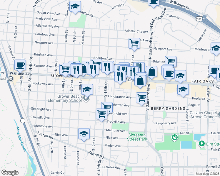 map of restaurants, bars, coffee shops, grocery stores, and more near 1370 West Grand Avenue in Grover Beach