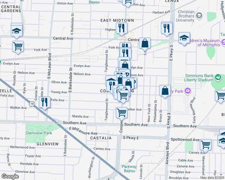 map of restaurants, bars, coffee shops, grocery stores, and more near 2086 Young Avenue in Memphis