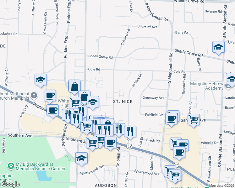 map of restaurants, bars, coffee shops, grocery stores, and more near 420 Colonial Road in Memphis