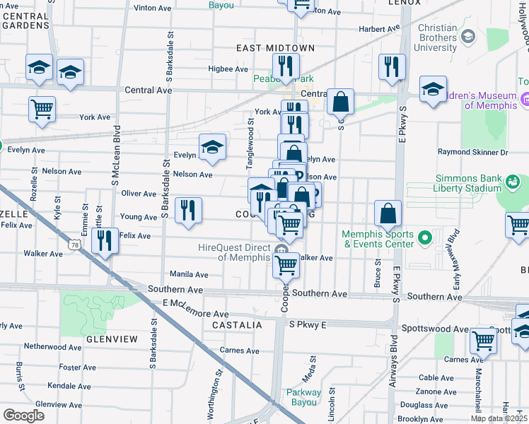 map of restaurants, bars, coffee shops, grocery stores, and more near 2086 Young Avenue in Memphis